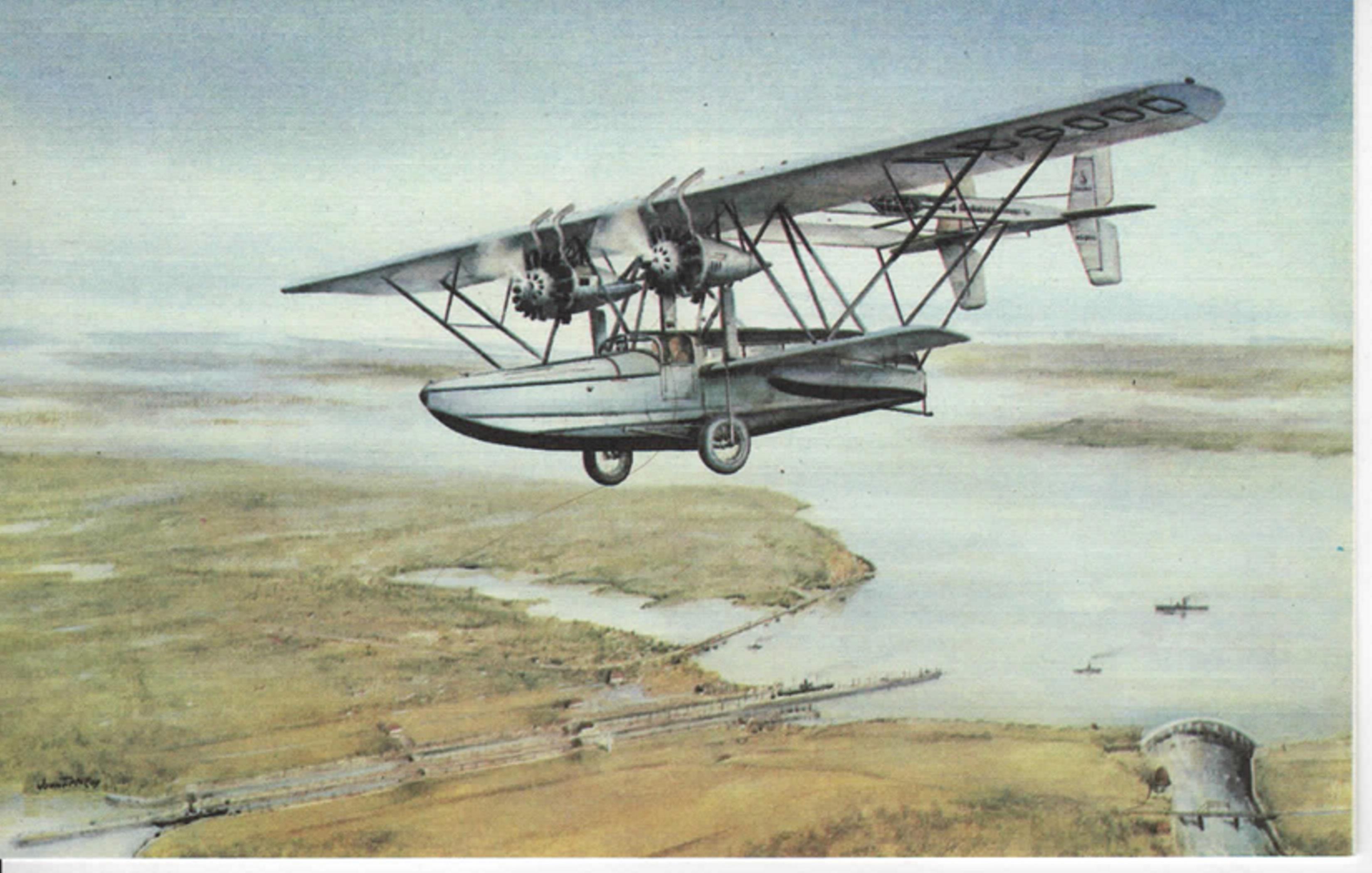 Поштова листівка із зображенням літака-амфібії S-38 компанії «Pan American» у польоті над каналом у Маямі. США. 6 лютого 1929 рік