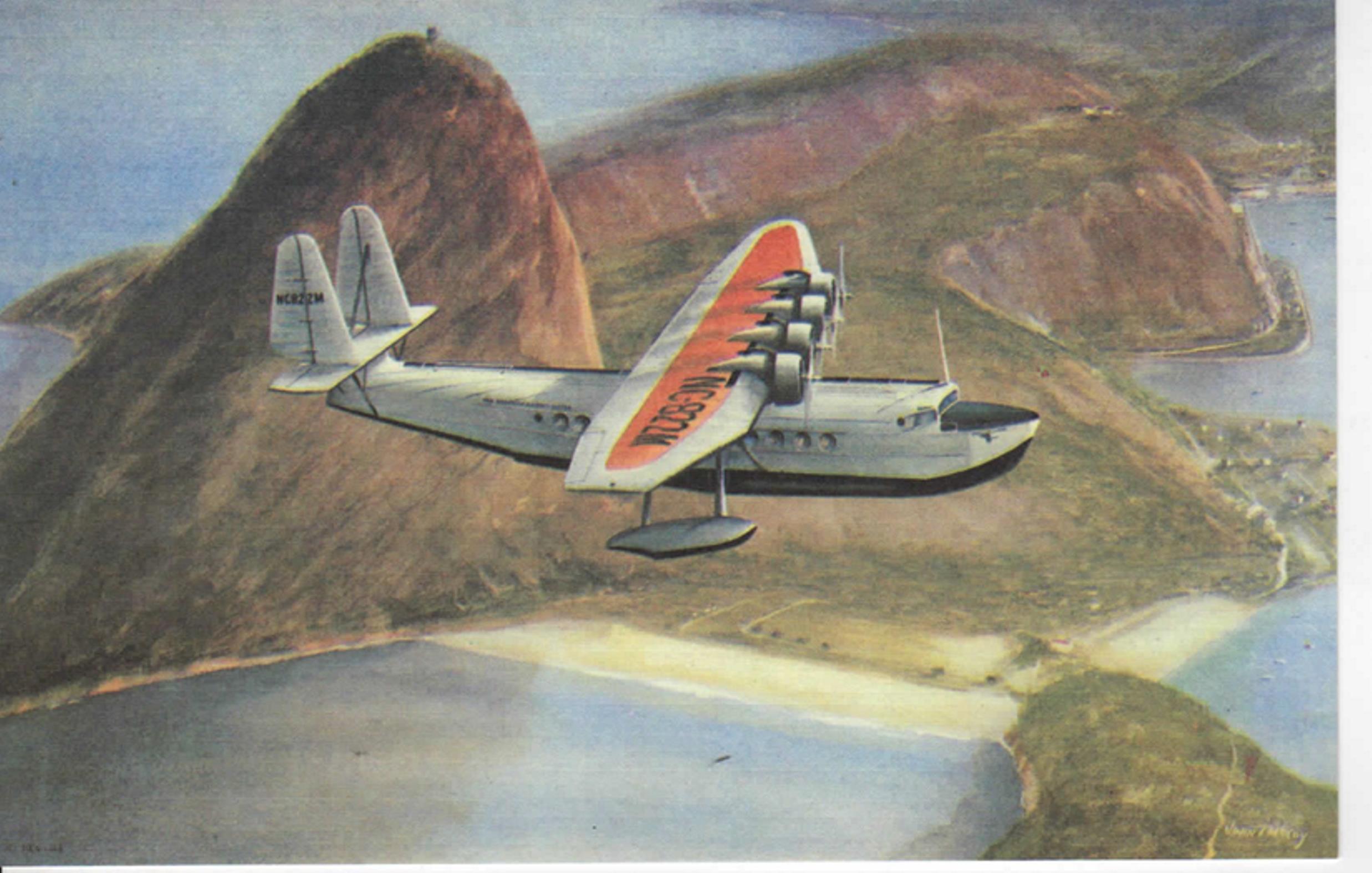 Поштова листівка із зображенням літака-амфібії S-42 компанії «Pan American» у польоті над горами біля Ріо-де-Жанейро (Бразилія). США. 18 серпня 1934 року