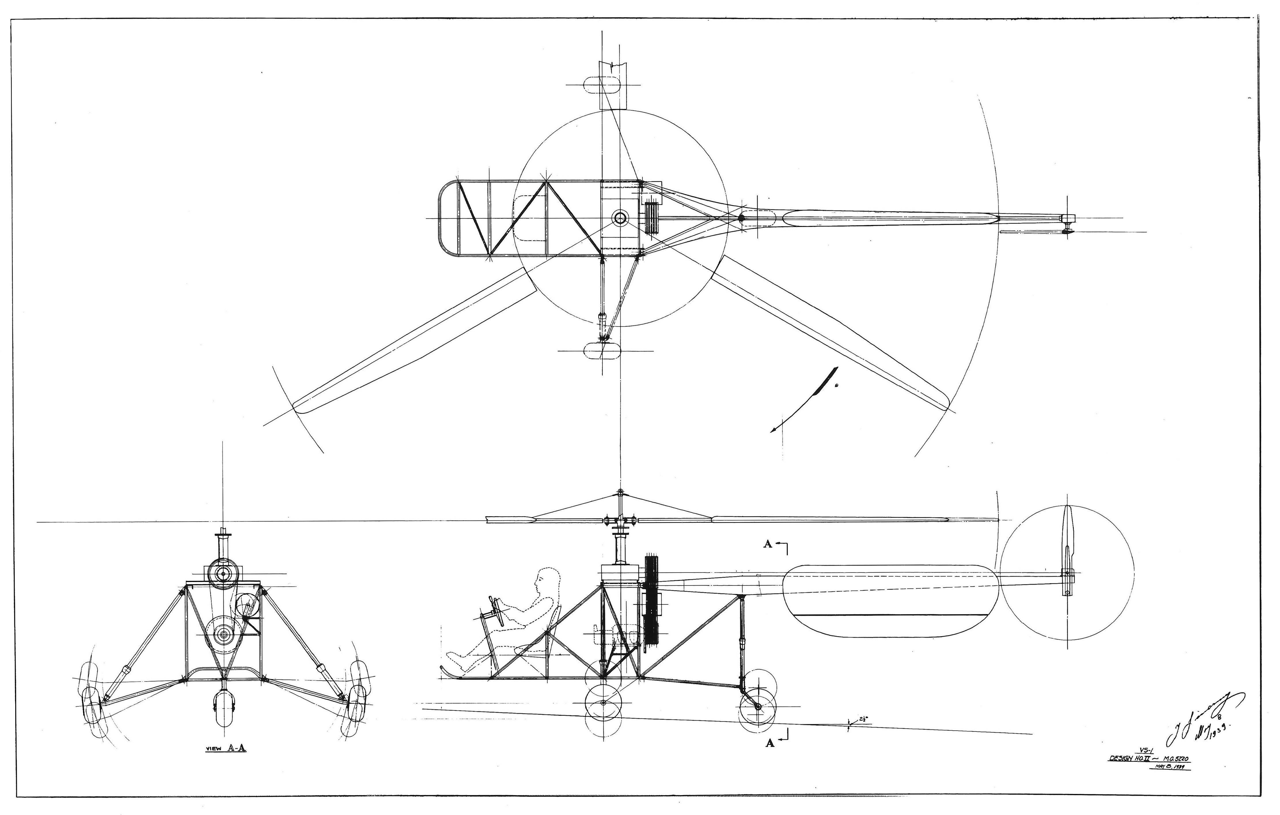 Креслення моделі гелікоптера VS-300 у трьох проекціях. США. 8 травня 1939 року